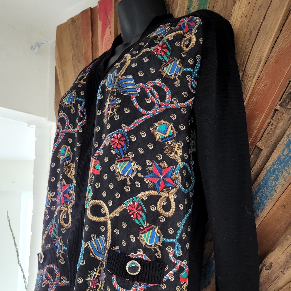 Vintage Diana Freis wool silk panel equestrian open front long sweater/ cardigan